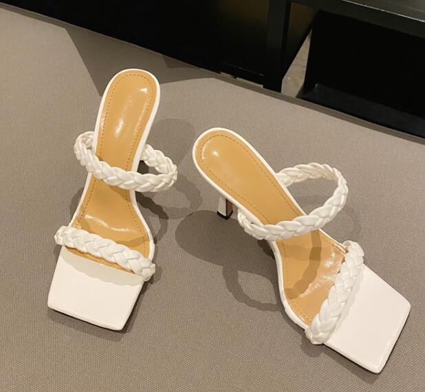Femmes Pantoufles Tisser Mode Talon Diapositives Dames Minces Talons Hauts Sandales Femme Pantoufles Chaussures Nouvelle Femme Tongs Chaussures