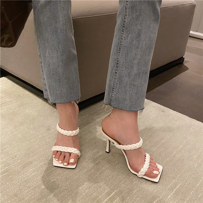 Femmes Pantoufles Tisser Mode Talon Diapositives Dames Minces Talons Hauts Sandales Femme Pantoufles Chaussures Nouvelle Femme Tongs Chaussures